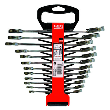 BAHCO Ratchet combination wrench set, jaw angled 15°, 12-piece, plastic holder 1RM/SH12