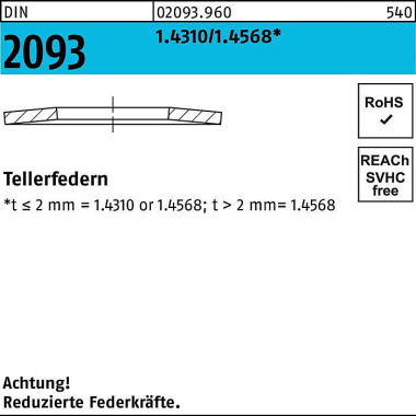 Tellerfeder DIN 2093 12,5 x 6,2x0,7 1.4310/1.4568 2 00 Stück 020939600125607