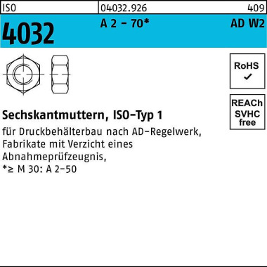 Sechskantmutter ISO 4032 M12 A 2 - 70 AD-W2 100 St ück 040329260120000