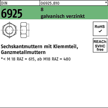 Sechskantmutter DIN 6925 Klemmteil M14 8 galv.verz . 100 Stück 069258100140000