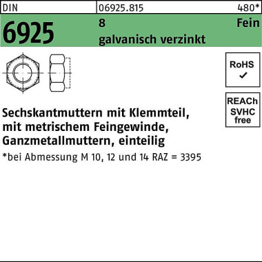 Sechskantmutter DIN 6925 Klemmteil M8x 1 8 galv.ve rz. 100 Stück 069258150080100