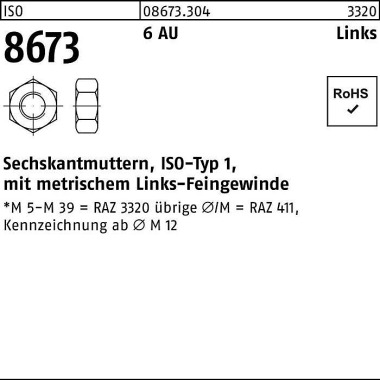 Sechskantmutter ISO 8673 links M12x 1,5 6 Automate nstahl 100 Stück 086733040120150