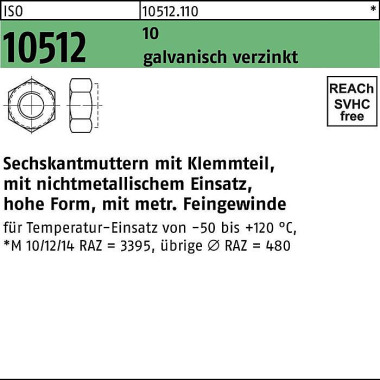 Sechskantmutter ISO 10512 /DIN 6924 Klemmteil M10x1 10 galv.verz. 100St. 105121100100100