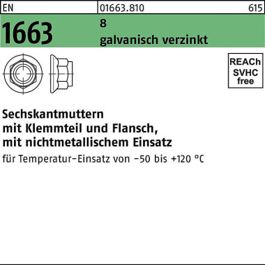 Sechskantmutter EN 1663 K lemmteil/Flansch M12 8 ga lv.verz. 100 Stück 016638100120000