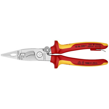 Knipex Elektro-Installationszange 200 mm verchromt isoliert mit Mehrkomponenten-Hüllen, VDE-geprüft mit integrierter isolierter Befestigungsöse zum Anbringen einer Absturzsicherung 13 96 200 T