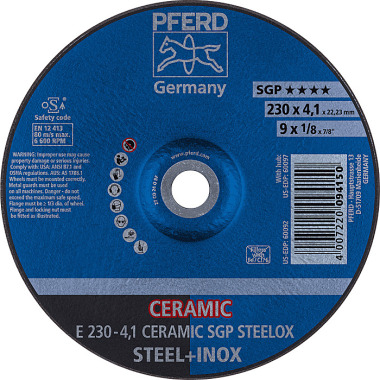 PFERD Disco abrasivo E 230-4.1 CERÁMICA SGP STEELOX 62100230