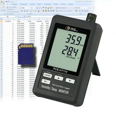 PCE-HT110 Humidity Meter (Hygrometer)| 2-channel data logger | Long-term measurement of temperature + humidity