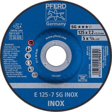 Schruppscheibe SG INOX D125xS7,2mm gekr.INOX Bohr.22,23mm PFERD 62212623