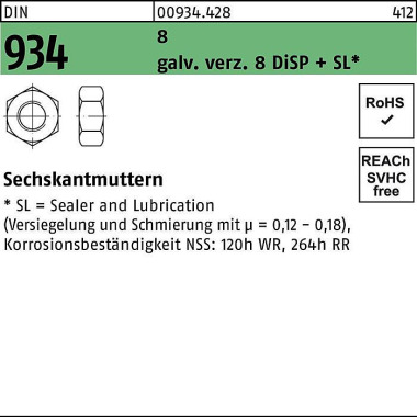 Sechskantmutter DIN 934 M 14 gal Zn 8 DiSP + SL 100 Stück 009344280140000