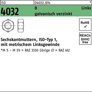 Sechskantmutter ISO 4032 links M48 8 galv.verz. 1 Stück 040328140480000