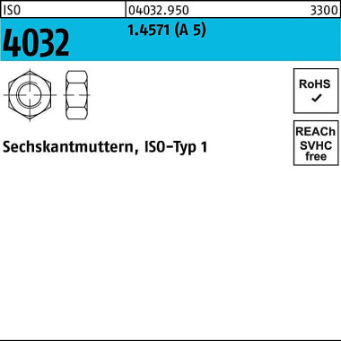 Sechskantmutter ISO 4032 M12 A 5 50 Stück 040329500120000