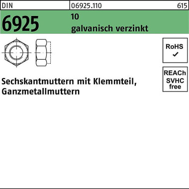 Sechskantmutter DIN 6925 Klemmteil M30 10 galv.ver z. 10 Stück 069251100300000