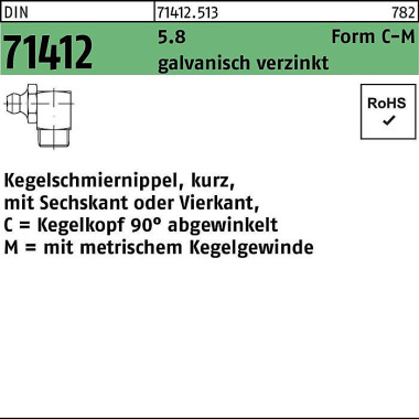 Kegelschmiernippel DIN 71 412 FormC-M CM 8x1,25 SW 9 5.8 galv.verz. 100St. 714125130080125