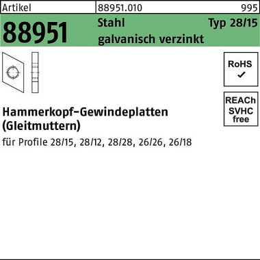 Hammerkopfgewindeplatte R 88951 Typ 28/15 M6 Stahl galv.verz. 100Stück 889510100060000