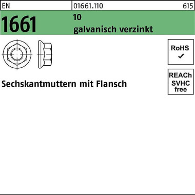 Sechskantmutter EN 1661 F lansch M20 10 galv.verz. 50 Stück 016611100200000