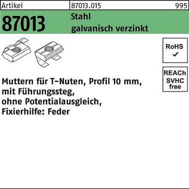 T-Nutenmutter R 87013 Füh rungssteg/o.Potentialausg l. 10mm M6 galv.verz. 250 St. 870130150060000