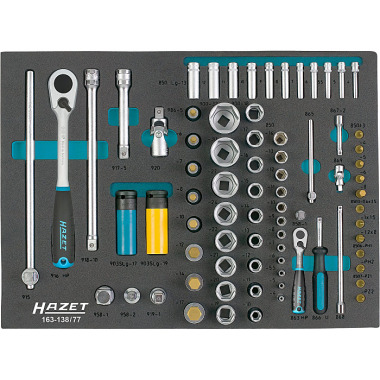 HAZET Jeu de clés à douilles - carré creux 12,5 mm (1/2 pouce), carré creux 6,3 mm (1/4 pouce) - nombre d’outils : 77 163-138/77