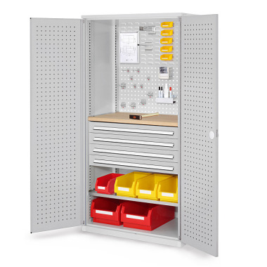 KAPPES ®RasterPlan drawer cabinet model 16 RAL 7035. inside door: perforated panels 1950 x 1000 x 600 mm 4 drawers H 100 mm 1 galvanised shelf 1 Multiplex workbench top. 1460.06.3013