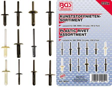 BGS Assortiment de rivets en plastique | pour GM, BMW, Chrysler, VW, Ford | 235 pcs. 9054