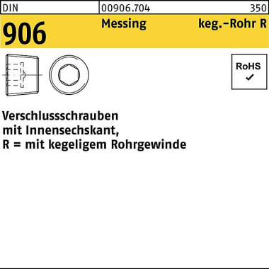 Verschlußschraube DIN 906 Innen-6kt R 3/8 Messing 50 Stück 009067040380000