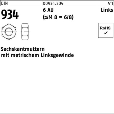 Sechskantmutter DIN 934 l inks M8 -LH 6 Automatenst ahl 100 Stück 009343040080000