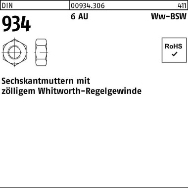 Sechskantmutter DIN 934 W W 1/4 6 Automatenstahl 10 0 Stück 009343060250000