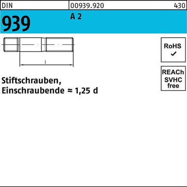 Stiftschraube DIN 939 M12 x 25 A 2 Einschraubende=1 ,25d 25 Stück 009399200120025