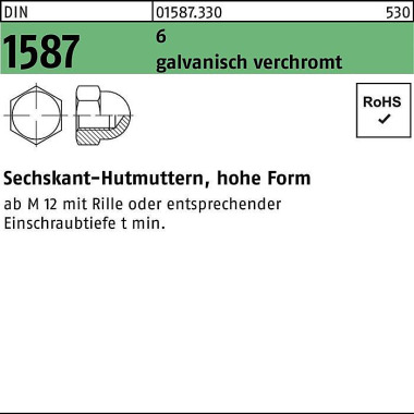 Sechskanthutmutter DIN 15 87 M3 6 galv. verchromt 1 00 Stück 015873300030000