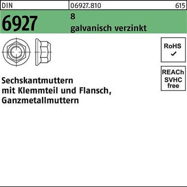 Sechskantmutter DIN 6927 Klemmteil/Flansch M10 SW1 6 8 galv.verz. 100St. 069278100100016