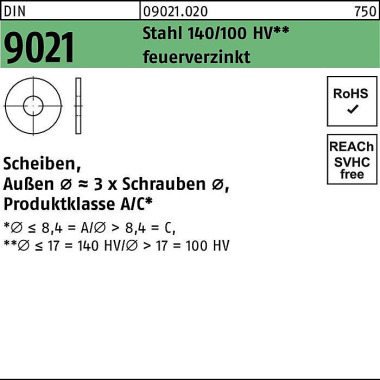 Scheibe DIN 9021 8,4x24x2 Stahl 140/100 HV feuerve rz. 500 Stück 090210200084000