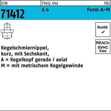 Kegelschmiernippel DIN 71 412 FormA-M AM 6x 1 SW 7 A 4 50 Stück 714129410060000