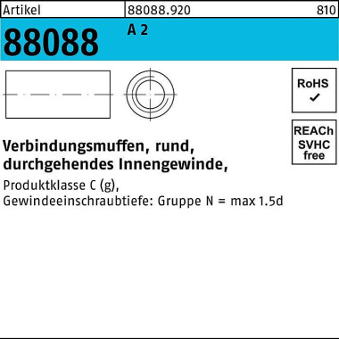 Verbindungsmuffe R 88088 rund IG M10x 30x 13 A 2 d urchg. Innengew. 25 Stück 880889200100030