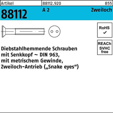 Schraube R 88112 diebstah lhemmend Seko/Zweiloch M4 x 12 A 2 100 Stück 881129200040012