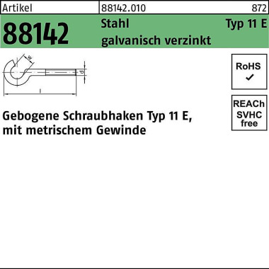 Schraubhaken R 88142 Typ 11 E gebogen M4x40 D 16 S tahl galv.verz. 100St. 881420100040040