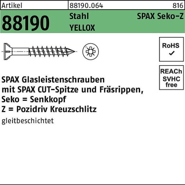 Glasleistenschraube R 881 90 Seko PZ 3,5x40/23-Z2 S ta galv.verz. gelb 200St. SPAX 881900640035040