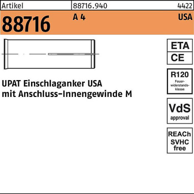 Einschlaganker R 88716 US A M12 A 4 50 Stück UPAT 887169400120000