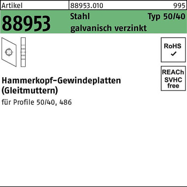 Hammerkopfgewindeplatte R 88953 Typ 50/40 M8 Stahl galv.verz. 100Stück 889530100080000