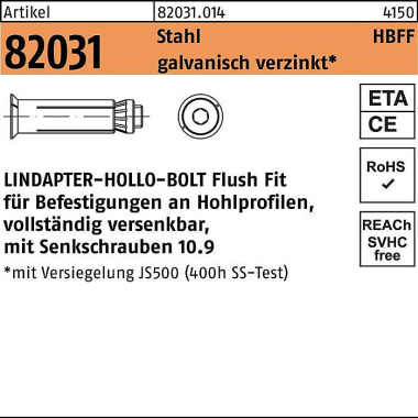 Hohlraumdübel R 82031 HBF F 08-1 ( 50/27) 10.9 galv .verz. 1St. LINDAPTER 820310140080001