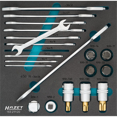 HAZET Set chiave inglese/chiavi a bussola - quadrata cava 20 mm (3/4 pollice) - profilo esagonale esterno, profilo esagonale interno, profilo TORX® interno - numero di utensili: 20 163-211/20