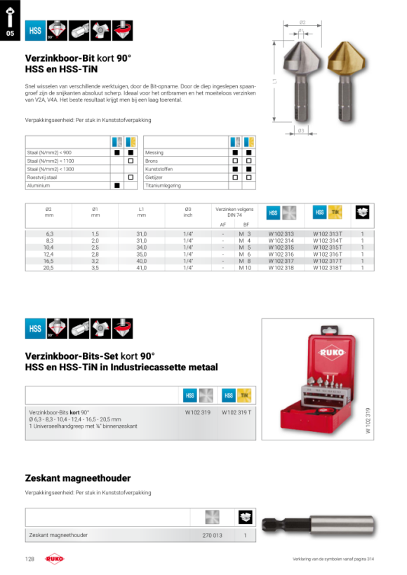 Ruko Verzinkboor-Bits-Set 90° HSS-TiN in polystyreen cassette 102319TRO