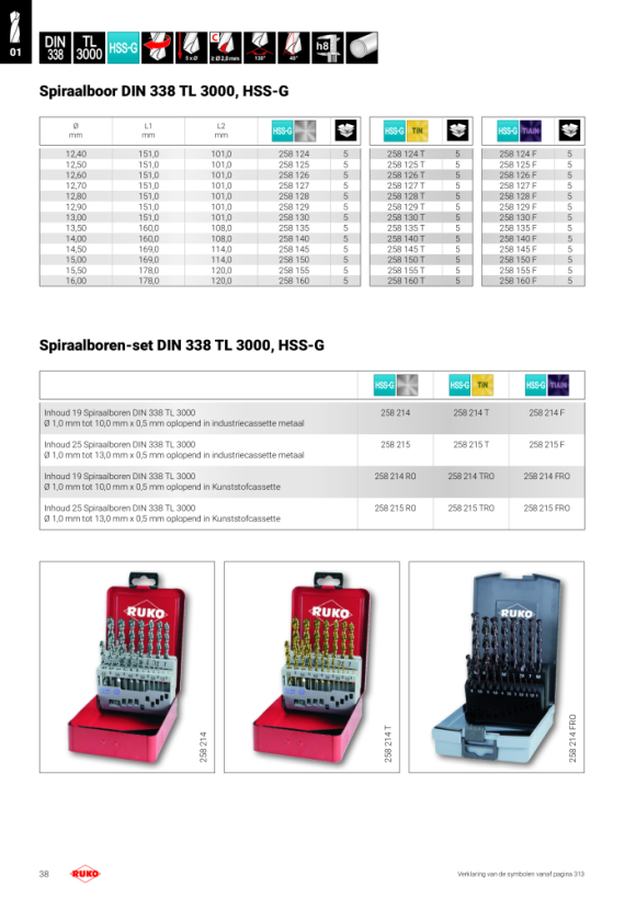 Ruko Spiraalboren-set DIN 338 Type TL 3000 HSS TiN in industriecassette metaal 258214T