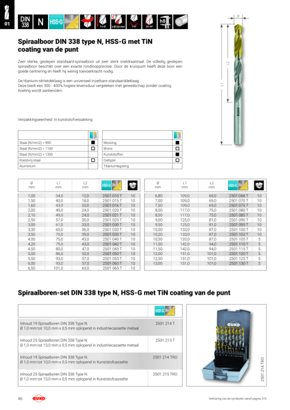 Ruko Spiraalboren-set DIN 338 Type VA HSSE Co 5 in werkbankstandaard 215223