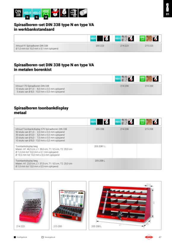 Ruko Spiraalboren-set DIN 338 Type VA HSSE Co 5 in werkbankstandaard 215223