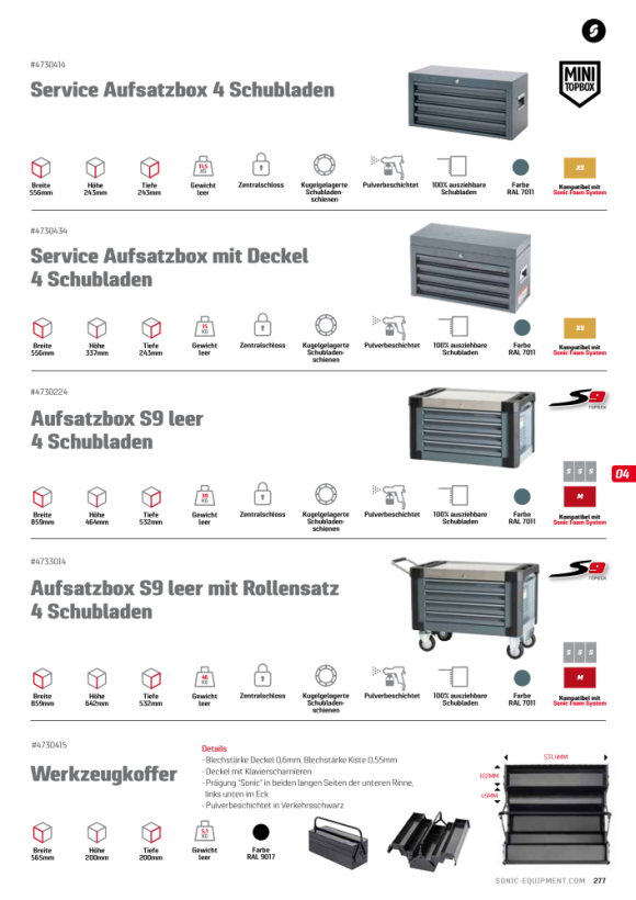 Sonic Topbox leeg, S9, 4 laden, donkergrijs (RAL7011) 4730224