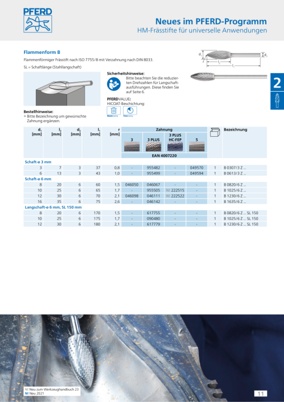 PFERD Hardmetalen frees B 1230/6 Z3 PLUS HC-FEP 21103324