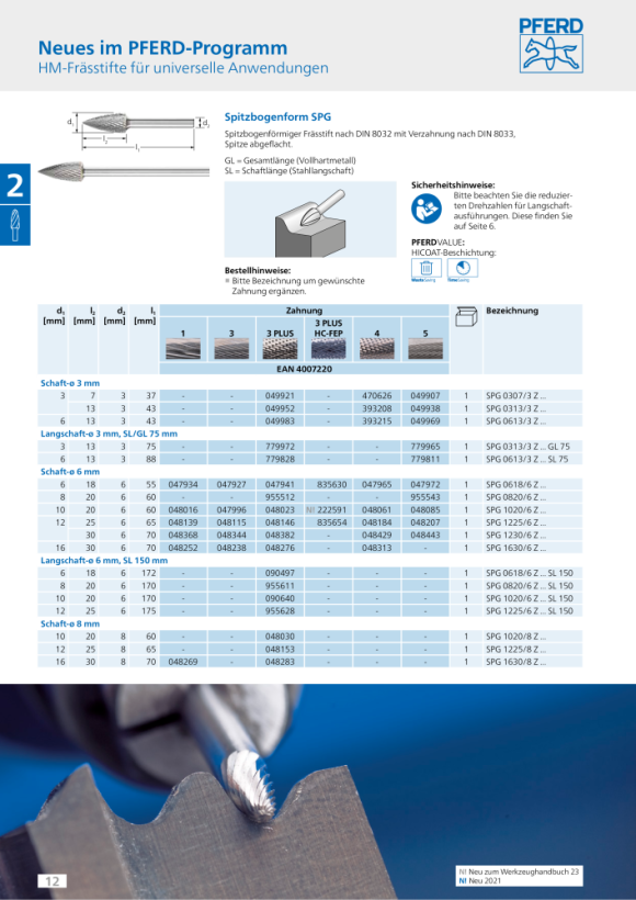 PFERD Hardmetalen stiftfrees SPG 1020/6 Z3 PLUS HC-FEP 21122624