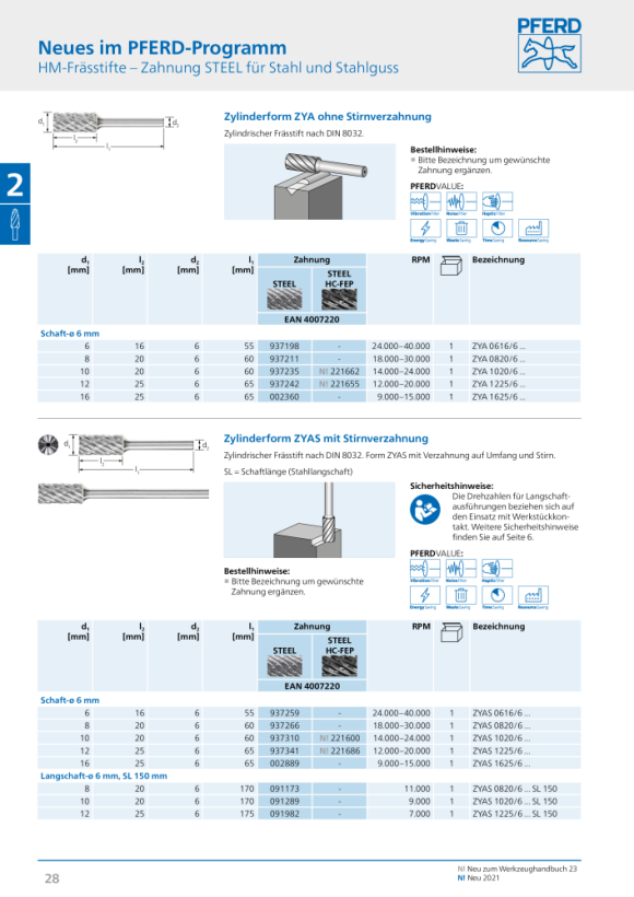 PFERD Hardmetalen frees ZYA 1020/6 STAAL HC-FEP 21102190