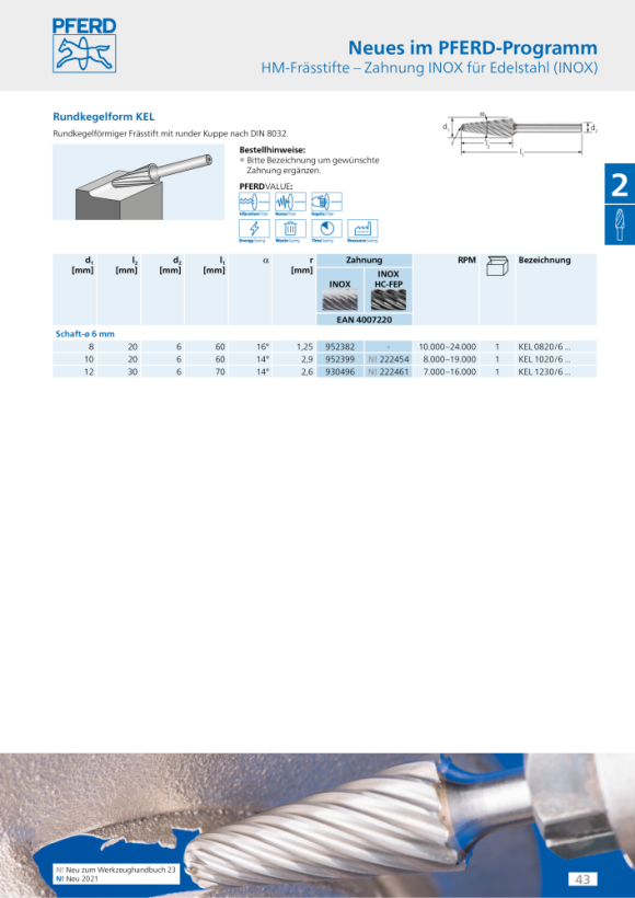 PFERD Hardmetalen stiftfrees KEL 1020/6 INOX HC-FEP 21125081