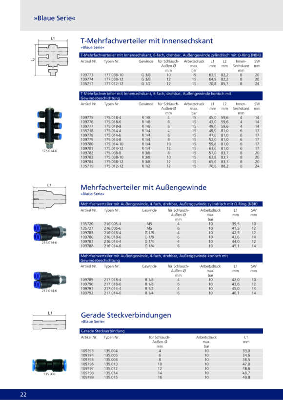 Riegler T-stuk ”Blauwe serie”, 6-voudig, draaibaar, R 1/8 a. Ø4mm 109775