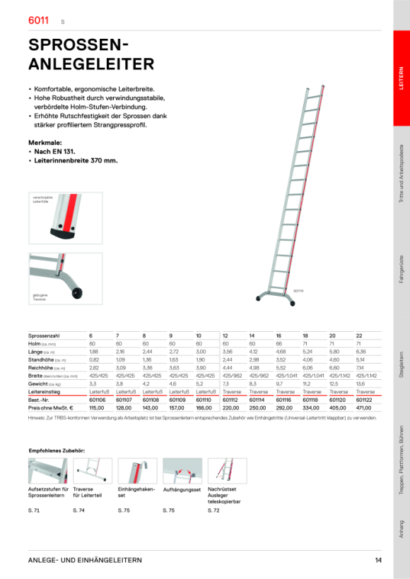 HYMER Sprossenanlegeleiter, 22 Sprossen, Länge 6,36 m 601122